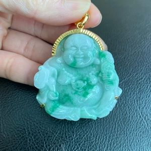 14K Solid Gold Carved Happy Laughing Buddha Natural Green Jade Pendant - Heavy